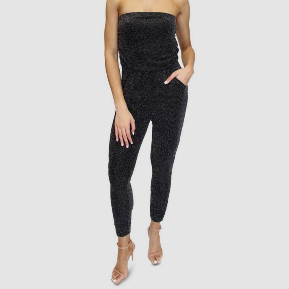 Black Sparkle Strapless Draped Jumpsuit